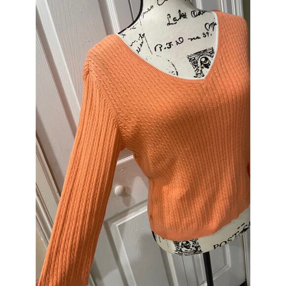 RALPH LAUREN CABLE KNIT SWEATER 100% COTTON V NECK SZ M CORAL/WHITE AESTHETIC - Picture 11 of 16